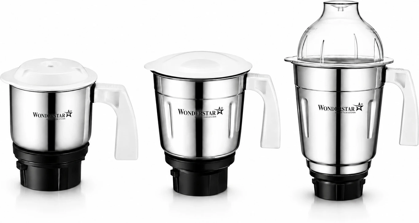 WONDER STAR Mixer Grinder Jar Set, 3 Pieces, Stainless Steel, (1500ml, 1000ml, 400ml,) Polycarbonate Lid, Compatible with Preethi popular, eco chef, blue leaf