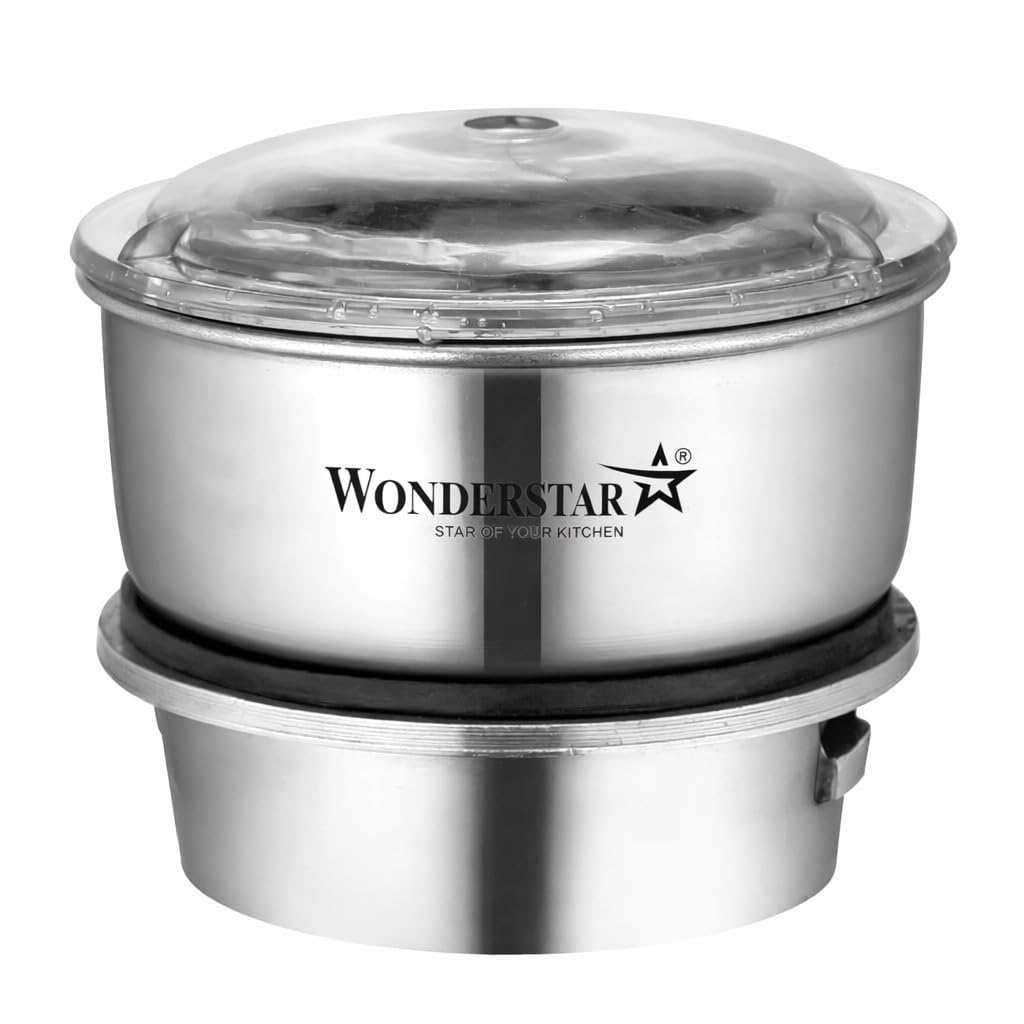 WONDER STAR Mixer Grinder Small Jar with Lid, 200 ml (0.2 L) Stainless Steel Jar with Aluminium Base, 4-Teeth Coupler, Compatible with All Mixer Grinders (Except Philips & Sujata)