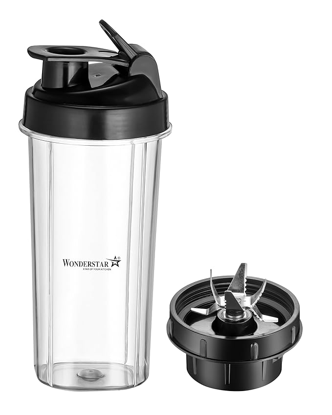 WONDER STAR bullet mixer grinder Blending Jar, 600ml, Transparent Polycarbonate Body with Sipper Lid, 4-Teeth Coupler, Compatible with Preethi Bajaj Longway Orient activa ||gym shaker