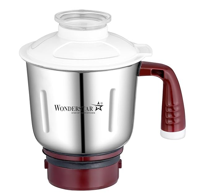 Wonder Star Mixer Grinder Jar stainless steel with maroon handle & polycarbonate lid. Compatible with Prestige TEON, TEON Plus, TEON Star, Elegant V2, Macho, Supreme, Jade & Ultimate mixers