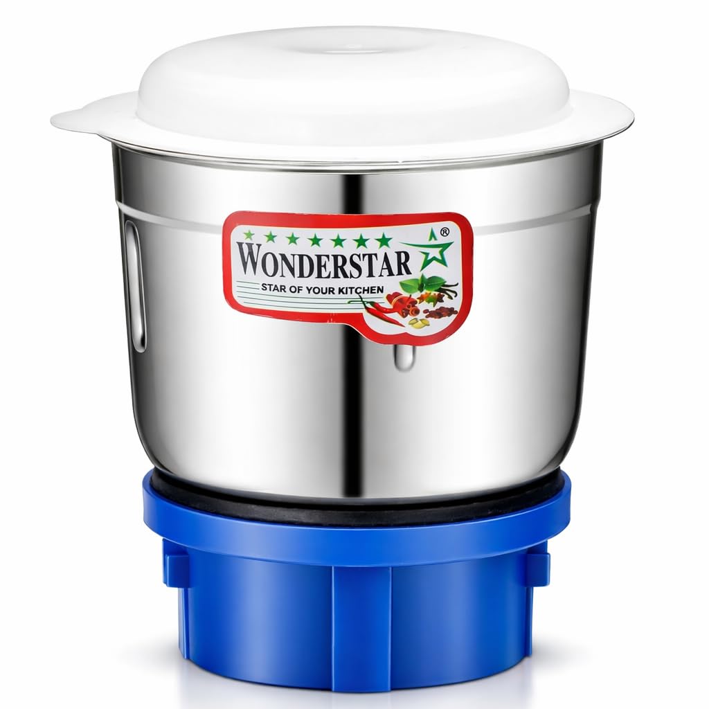 Wonderstar Chutney Jar for Pigeon Super Storm Mixer Grinder, 0.4 Litre Capacity, Stainless Steel, Blue ABS Base, Small